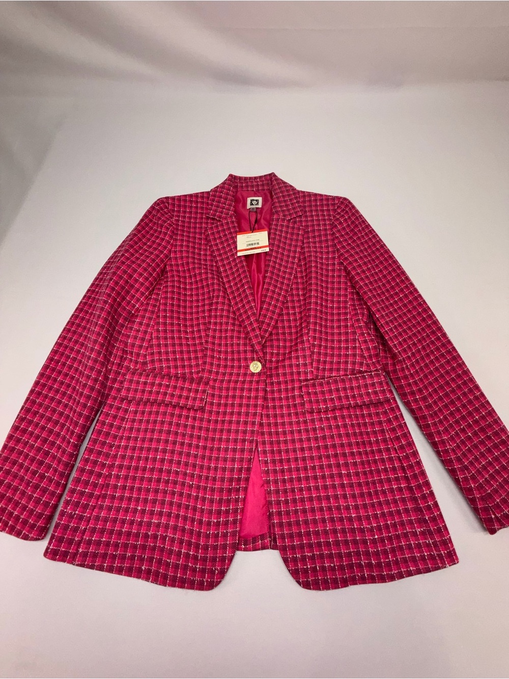 Anne Klein Womens XS Pink Plaid Tweed Blazer Gold Button Preppy NWT